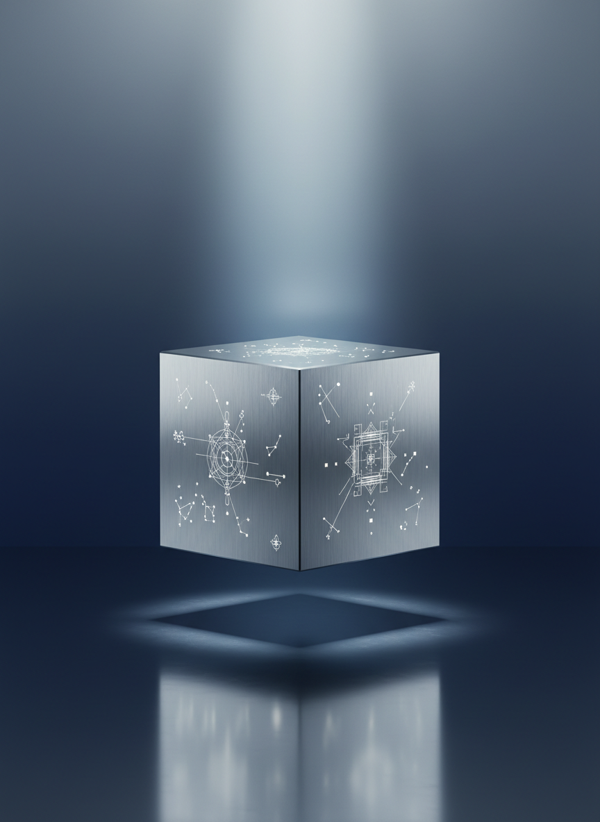 A large, brushed aluminum cube with perfectly sharp edges and a subtle satin sheen floats gently above a dark, reflective floor. Fine engravings on its faces reveal abstract constellations and geometric patterns, suggesting a fusion of science and spirituality. Behind it, an infinite horizon fades from deep indigo to soft silver-gray. A single beam of cool, diffused light from above casts crisp, elongated reflections, creating a halo around the cube. Shot at eye level with a centered, symmetrical composition in photographic realism, the atmosphere feels contemplative, sophisticated, and almost sacred, symbolizing Neoalluminismo as a philosophy that elevates consciousness through luminous matter.