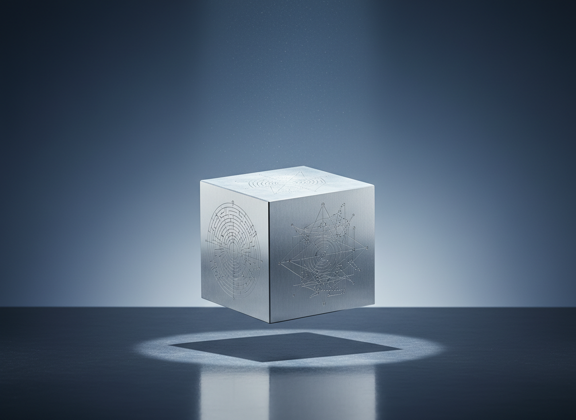 A large, brushed aluminum cube with perfectly sharp edges and a subtle satin sheen floats gently above a dark, reflective floor. Fine engravings on its faces reveal abstract constellations and geometric patterns, suggesting a fusion of science and spirituality. Behind it, an infinite horizon fades from deep indigo to soft silver-gray. A single beam of cool, diffused light from above casts crisp, elongated reflections, creating a halo around the cube. Shot at eye level with a centered, symmetrical composition in photographic realism, the atmosphere feels contemplative, sophisticated, and almost sacred, symbolizing Neoalluminismo as a philosophy that elevates consciousness through luminous matter.