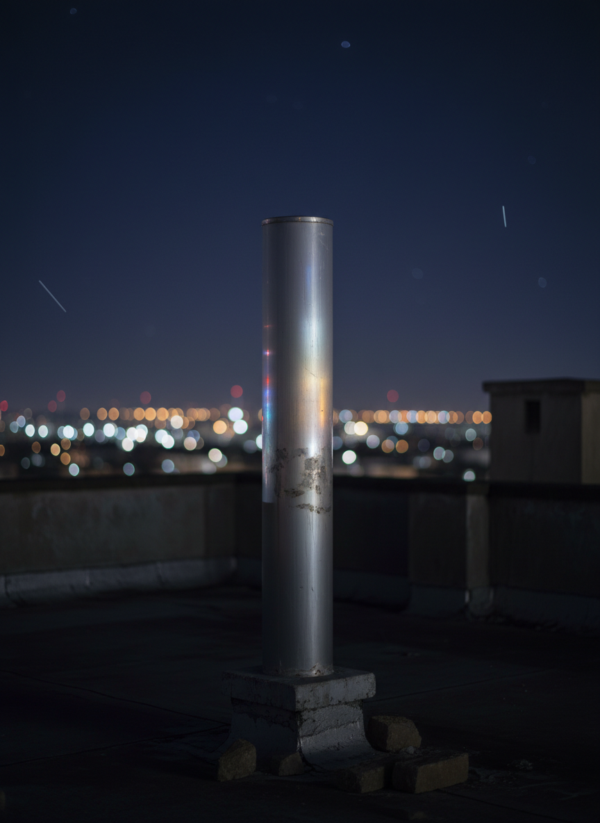 A serene night scene shows a solitary aluminum column rising from a deserted urban rooftop, its surface rendered in hyper-realistic detail with faint scratches, fingerprints, and subtle oxidation that catch ambient city glow. Surrounding the column, low parapet walls and scattered stones fade into deep shadow. The distant skyline appears as soft bokeh lights, cool blues and warm ambers blending into a quiet halo. Moonlight and far-off neon produce delicate, overlapping reflections along the column, giving it a quietly radiant presence. Framed in a vertical composition with negative space above, the mood is contemplative and sophisticated, expressing Neoalluminismo as a silent guardian of beauty and conscience amid the anonymous city.