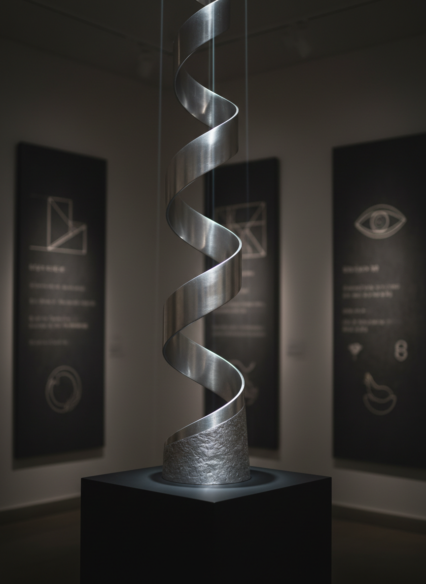 A meticulously crafted aluminum spiral, formed from a single continuous ribbon of metal, rises from a matte black plinth in a dim, contemplative room. Its surface shifts from raw, textured aluminum to highly polished segments that catch narrow beams of cool white spotlighting, creating bands of radiant highlights and deep, velvety shadows. In the background, out-of-focus panels display faint, abstract diagrams and philosophical symbols etched in silver. Photographed from a three-quarter angle, with the spiral following the rule of thirds, the mood is intellectual yet poetic, evoking a sophisticated, photographic representation of Neoalluminismo as a journey from opacity to illumination in art and life.