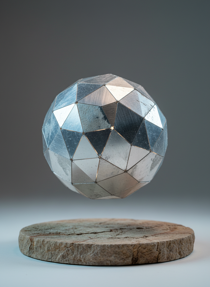 A complex, crystalline sphere composed of interlocking aluminum facets hovers gently above a circular slab of raw stone. Each facet varies in texture—some brushed, some sandblasted, some mirror-polished—catching a halo of cool, diffused studio lighting from all sides. The light fractures into subtle gradients across the metallic surfaces, hinting at an inner glow. The stone base is rough and earthy, with visible veins and imperfections, grounding the composition. Shot in photographic realism from a slightly low angle, with the sphere positioned off-center using the rule of thirds, the atmosphere feels mystical yet rational, symbolizing Neoalluminismo as the harmonization of material imperfection and luminous, higher-order geometry.